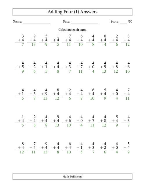 The Adding Four With The Other Addend From 0 to 9 – 50 Questions (I) Math Worksheet Page 2