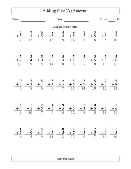 The Adding Five With The Other Addend From 0 to 9 – 50 Questions (A) Math Worksheet Page 2