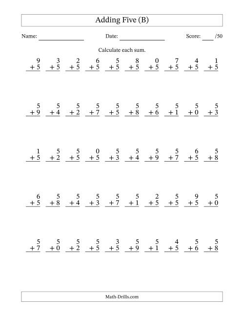 The Adding Five With The Other Addend From 0 to 9 – 50 Questions (B) Math Worksheet