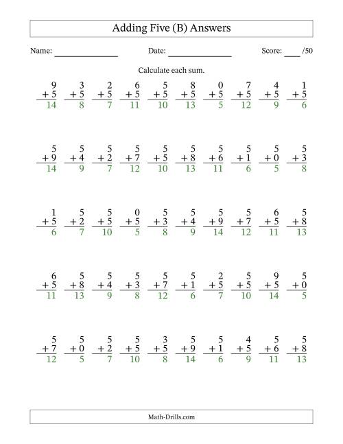 The Adding Five With The Other Addend From 0 to 9 – 50 Questions (B) Math Worksheet Page 2