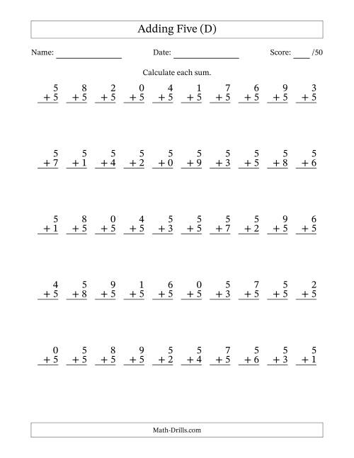The Adding Five With The Other Addend From 0 to 9 – 50 Questions (D) Math Worksheet