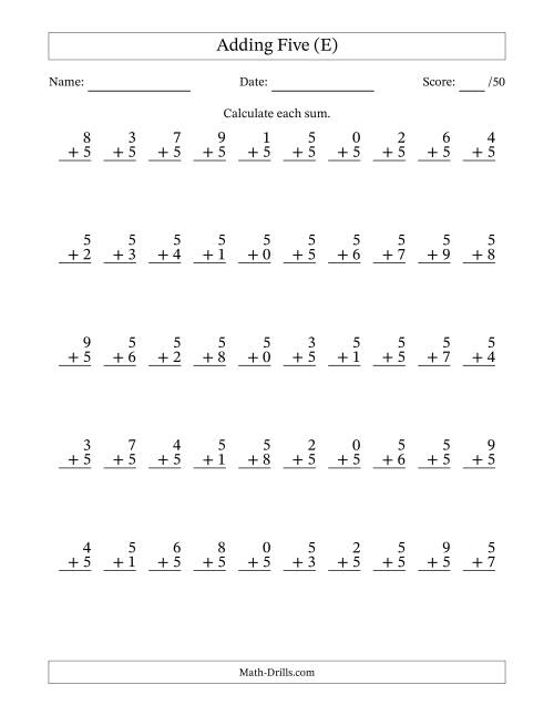 The Adding Five With The Other Addend From 0 to 9 – 50 Questions (E) Math Worksheet