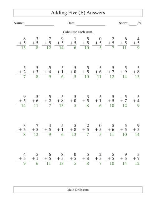 The Adding Five With The Other Addend From 0 to 9 – 50 Questions (E) Math Worksheet Page 2