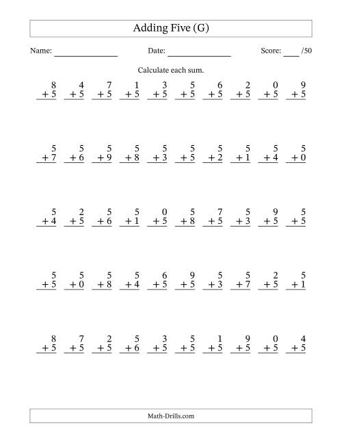 The Adding Five With The Other Addend From 0 to 9 – 50 Questions (G) Math Worksheet