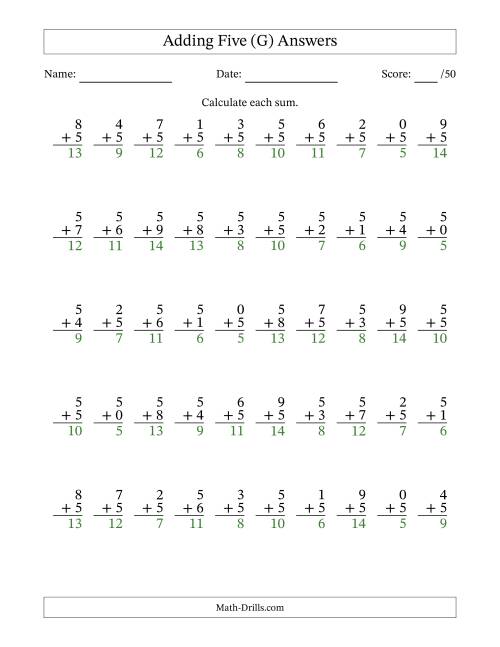 The Adding Five With The Other Addend From 0 to 9 – 50 Questions (G) Math Worksheet Page 2