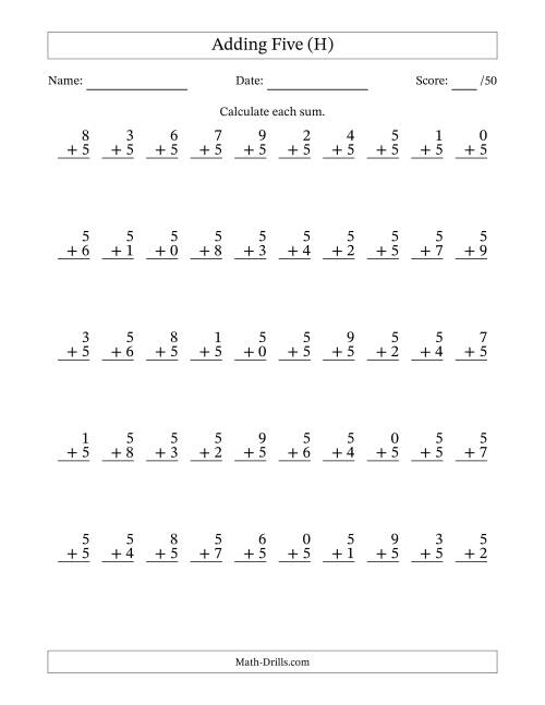 The Adding Five With The Other Addend From 0 to 9 – 50 Questions (H) Math Worksheet