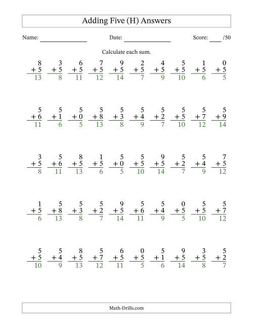 The Adding Five With The Other Addend From 0 to 9 – 50 Questions (H) Math Worksheet Page 2