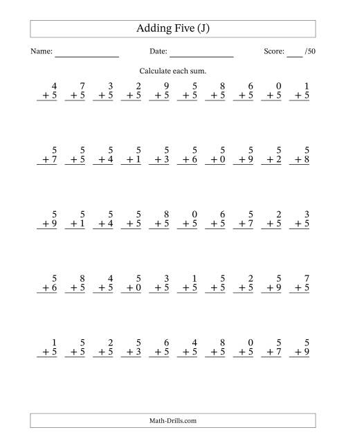 The Adding Five With The Other Addend From 0 to 9 – 50 Questions (J) Math Worksheet