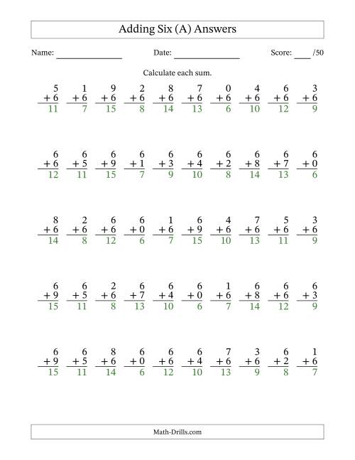 The Single Digit Addition -- 50 Vertical Questions -- Adding Sixes (A) Math Worksheet Page 2