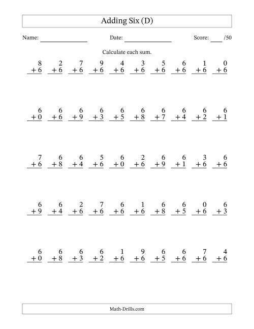 The Adding Six With The Other Addend From 0 to 9 – 50 Questions (D) Math Worksheet
