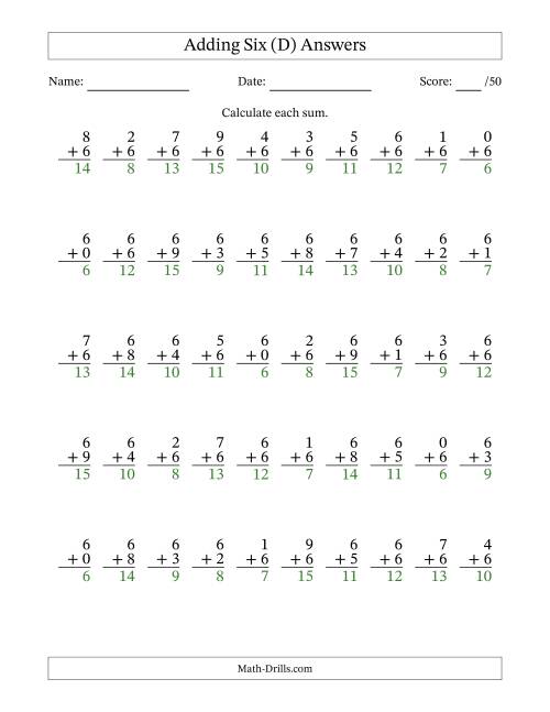 The Adding Six With The Other Addend From 0 to 9 – 50 Questions (D) Math Worksheet Page 2