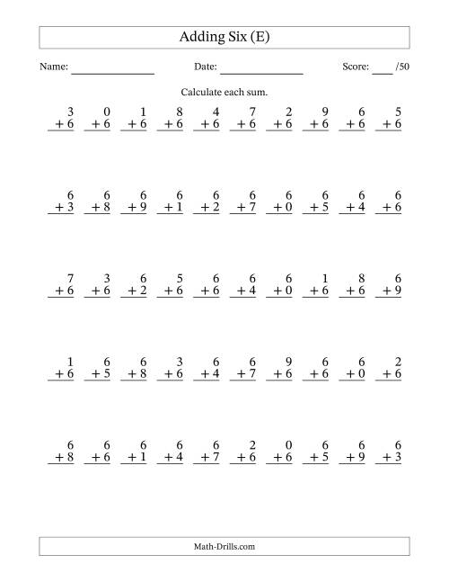 The Adding Six With The Other Addend From 0 to 9 – 50 Questions (E) Math Worksheet