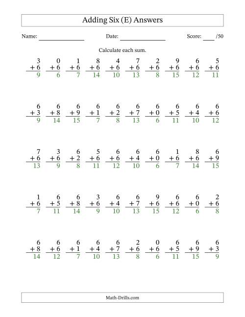 The Adding Six With The Other Addend From 0 to 9 – 50 Questions (E) Math Worksheet Page 2