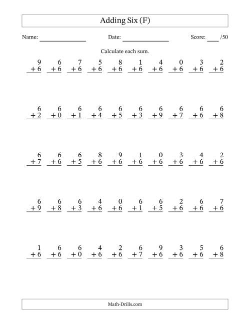 The Adding Six With The Other Addend From 0 to 9 – 50 Questions (F) Math Worksheet