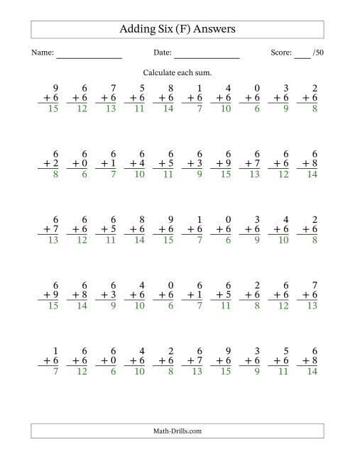 The Adding Six With The Other Addend From 0 to 9 – 50 Questions (F) Math Worksheet Page 2