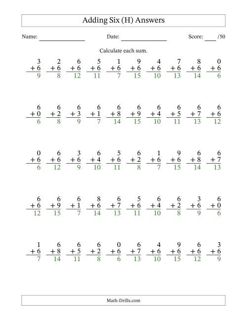 The Adding Six With The Other Addend From 0 to 9 – 50 Questions (H) Math Worksheet Page 2