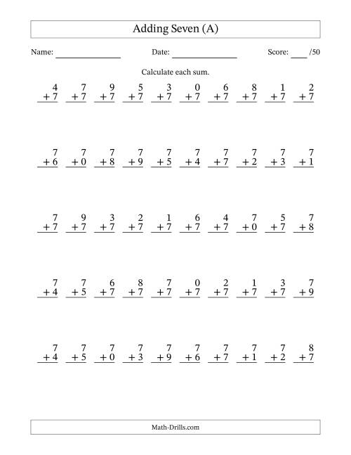 The Single Digit Addition -- 50 Vertical Questions -- Adding Sevens (A) Math Worksheet