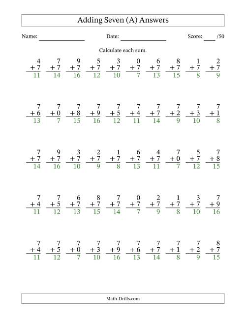 The Single Digit Addition -- 50 Vertical Questions -- Adding Sevens (A) Math Worksheet Page 2