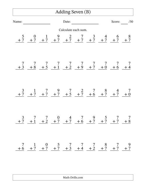 The Single Digit Addition -- 50 Vertical Questions -- Adding Sevens (B) Math Worksheet
