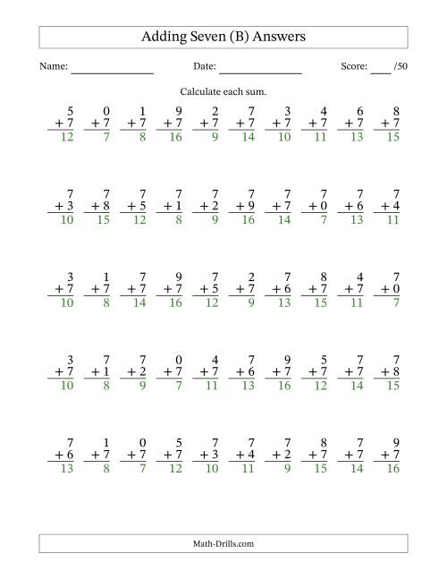 The Single Digit Addition -- 50 Vertical Questions -- Adding Sevens (B) Math Worksheet Page 2