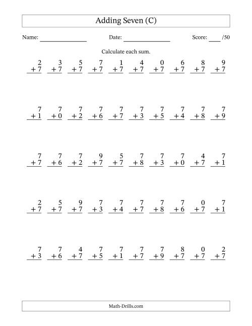 The Single Digit Addition -- 50 Vertical Questions -- Adding Sevens (C) Math Worksheet