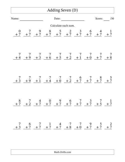 The Single Digit Addition -- 50 Vertical Questions -- Adding Sevens (D) Math Worksheet