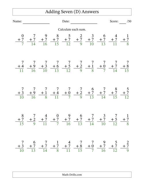 The Single Digit Addition -- 50 Vertical Questions -- Adding Sevens (D) Math Worksheet Page 2