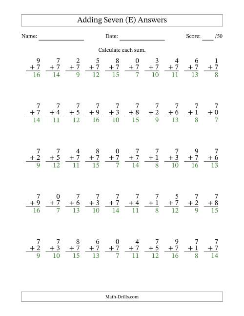 The Single Digit Addition -- 50 Vertical Questions -- Adding Sevens (E) Math Worksheet Page 2