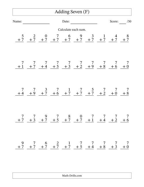 The Single Digit Addition -- 50 Vertical Questions -- Adding Sevens (F) Math Worksheet
