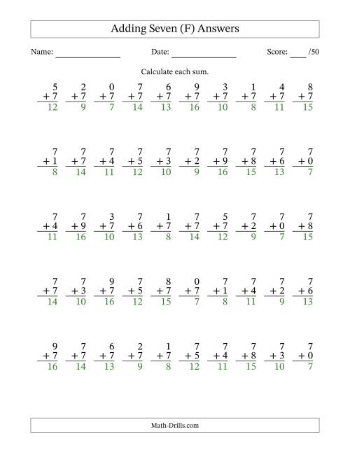 The Single Digit Addition -- 50 Vertical Questions -- Adding Sevens (F) Math Worksheet Page 2
