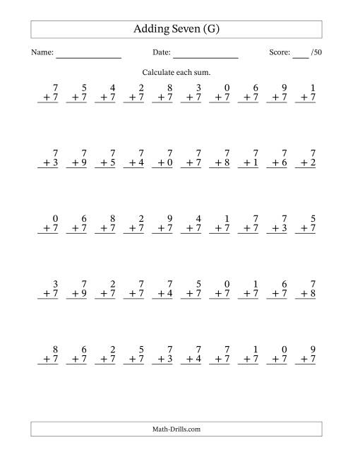 The Single Digit Addition -- 50 Vertical Questions -- Adding Sevens (G) Math Worksheet