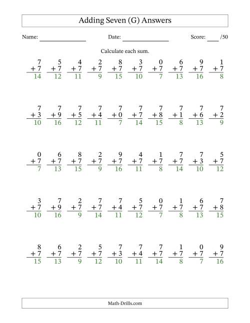 The Single Digit Addition -- 50 Vertical Questions -- Adding Sevens (G) Math Worksheet Page 2