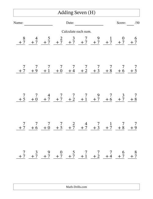 The Single Digit Addition -- 50 Vertical Questions -- Adding Sevens (H) Math Worksheet