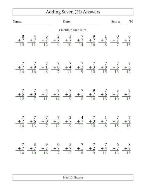 The Single Digit Addition -- 50 Vertical Questions -- Adding Sevens (H) Math Worksheet Page 2