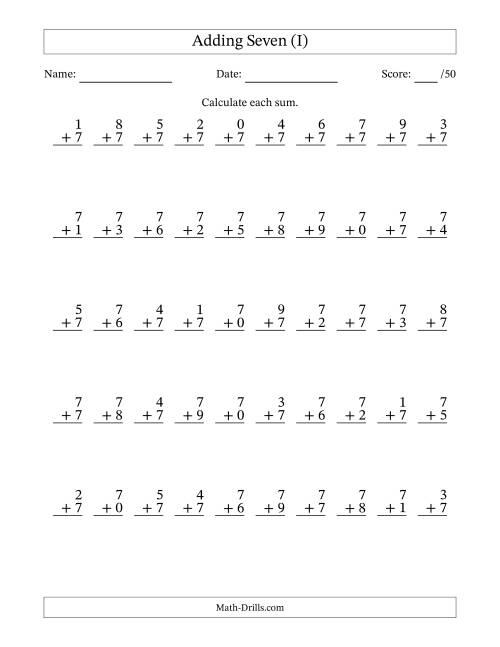 The Single Digit Addition -- 50 Vertical Questions -- Adding Sevens (I) Math Worksheet