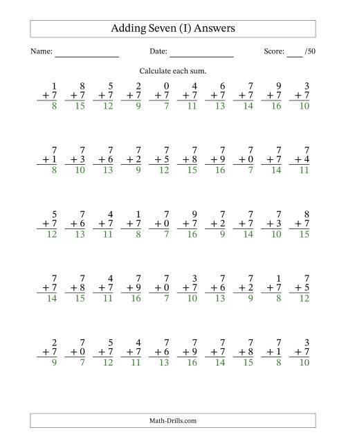 The Single Digit Addition -- 50 Vertical Questions -- Adding Sevens (I) Math Worksheet Page 2
