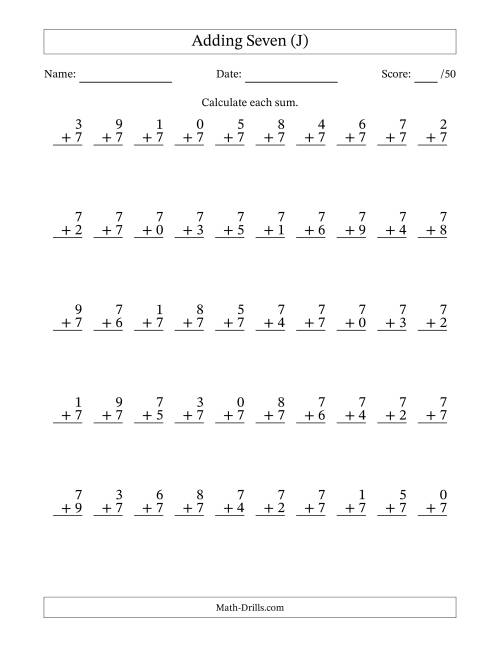 The Single Digit Addition -- 50 Vertical Questions -- Adding Sevens (J) Math Worksheet