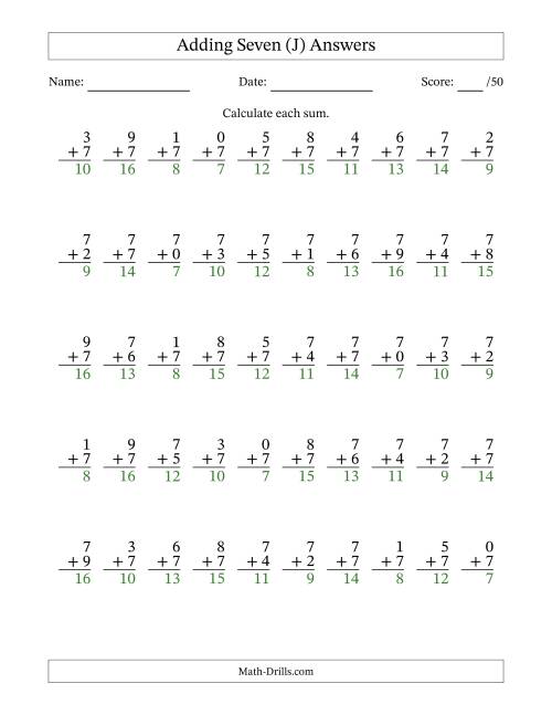 The Single Digit Addition -- 50 Vertical Questions -- Adding Sevens (J) Math Worksheet Page 2
