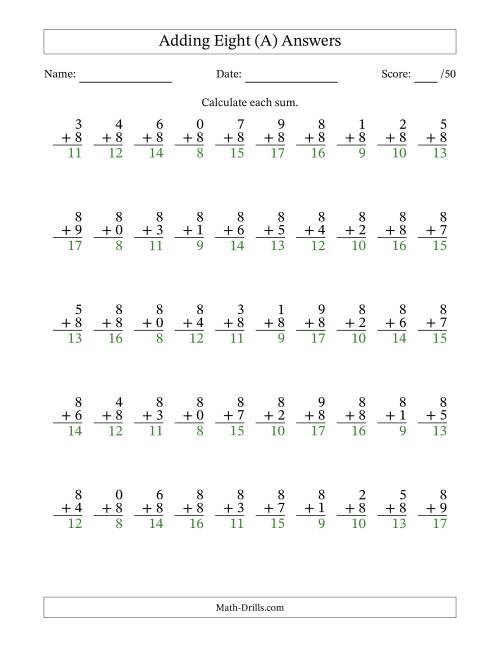 The Single Digit Addition -- 50 Vertical Questions -- Adding Eights (A) Math Worksheet Page 2