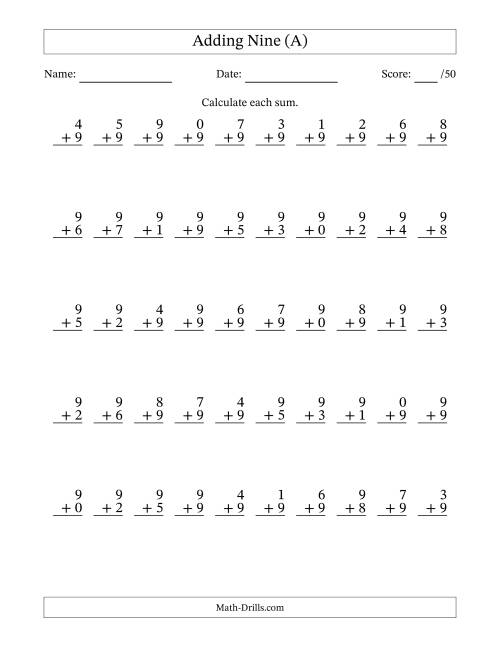 The Single Digit Addition -- 50 Vertical Questions -- Adding Nines (A) Math Worksheet