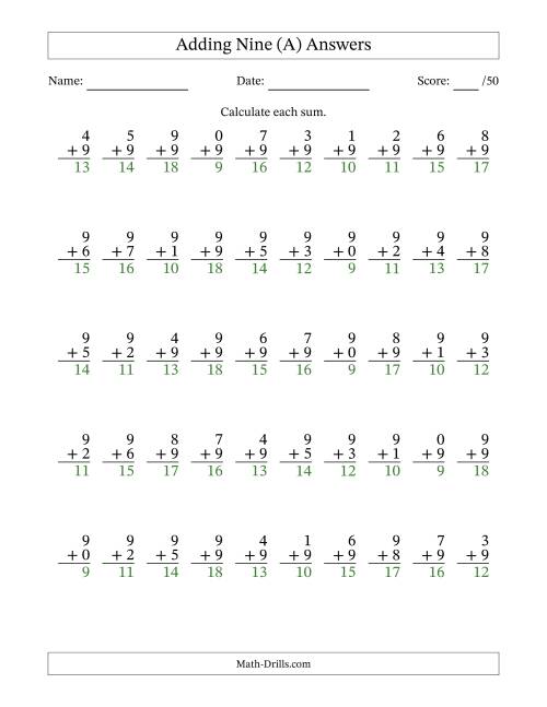 The Single Digit Addition -- 50 Vertical Questions -- Adding Nines (A) Math Worksheet Page 2