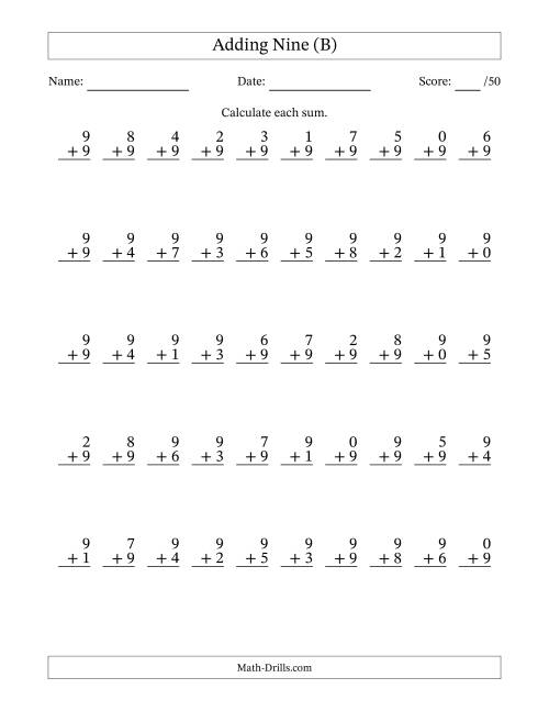 The Single Digit Addition -- 50 Vertical Questions -- Adding Nines (B) Math Worksheet