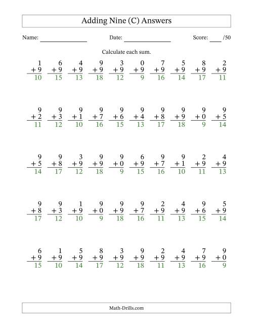 The Single Digit Addition -- 50 Vertical Questions -- Adding Nines (C) Math Worksheet Page 2