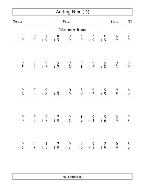 The Single Digit Addition -- 50 Vertical Questions -- Adding Nines (D) Math Worksheet