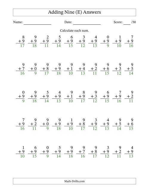 The Single Digit Addition -- 50 Vertical Questions -- Adding Nines (E) Math Worksheet Page 2
