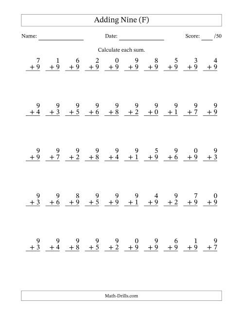 The Single Digit Addition -- 50 Vertical Questions -- Adding Nines (F) Math Worksheet