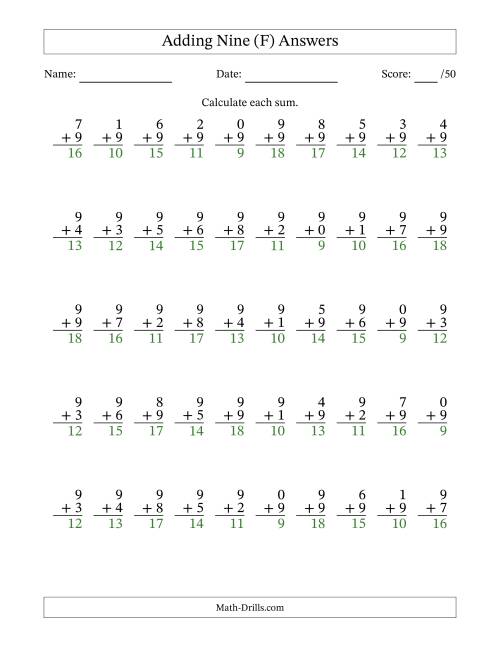 The Single Digit Addition -- 50 Vertical Questions -- Adding Nines (F) Math Worksheet Page 2