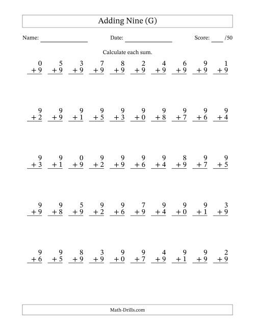 The Single Digit Addition -- 50 Vertical Questions -- Adding Nines (G) Math Worksheet
