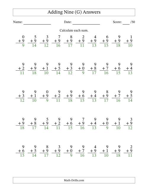The Single Digit Addition -- 50 Vertical Questions -- Adding Nines (G) Math Worksheet Page 2