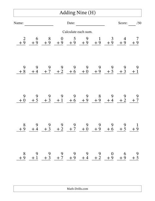 The Single Digit Addition -- 50 Vertical Questions -- Adding Nines (H) Math Worksheet